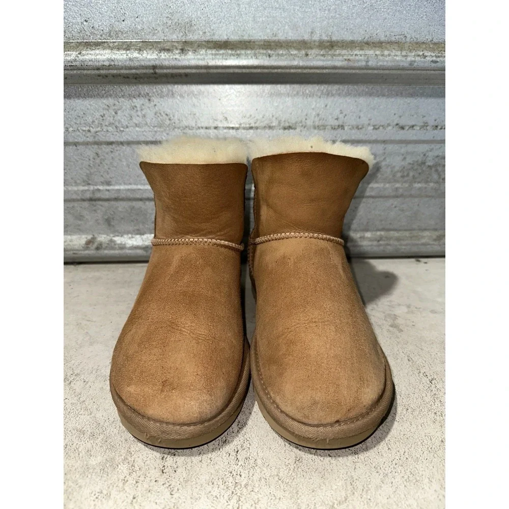 UGG Bailey Zip Mini Boot Women's Size 6 Chestnut Leather Warm Winter Fur‎ Lined